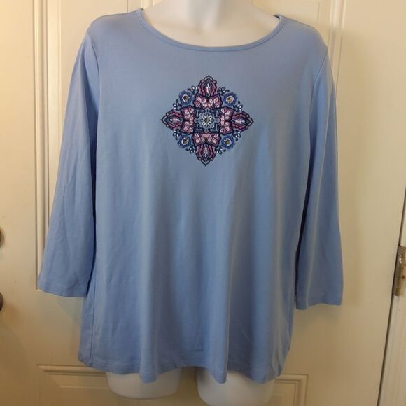 (3/$20) Kim Rogers light blue 3/4 sleeve shirt with graphic front and sequins - Picture 1 of 8